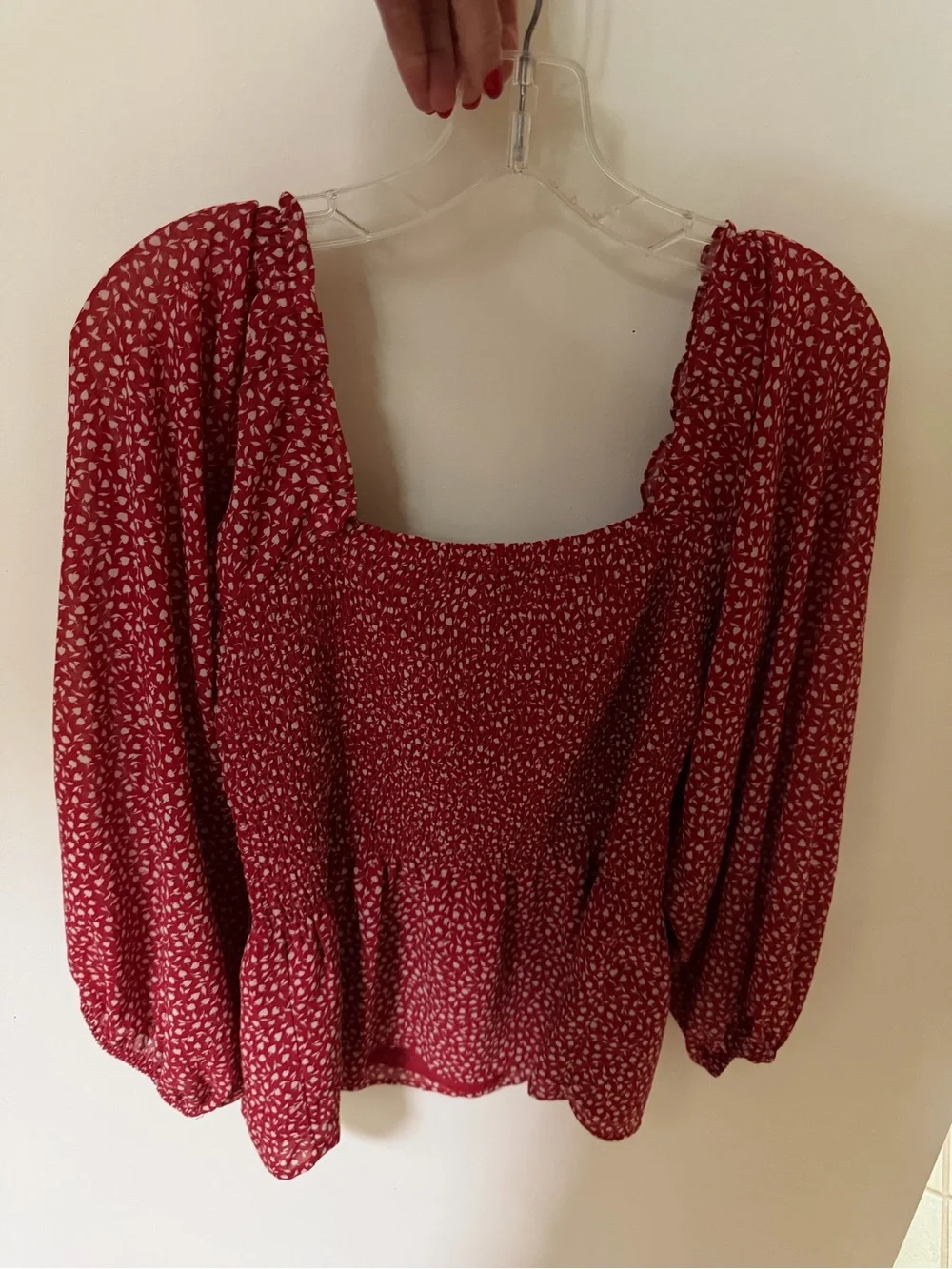Madewell Red Smocked Peplum Blouse with Puff Sleeves